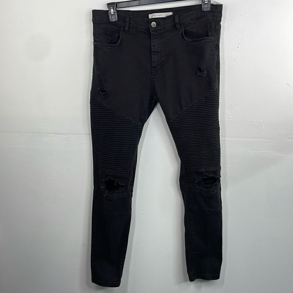 Zara Man Biker Distressed Denim Jeans Black Mens Size 32